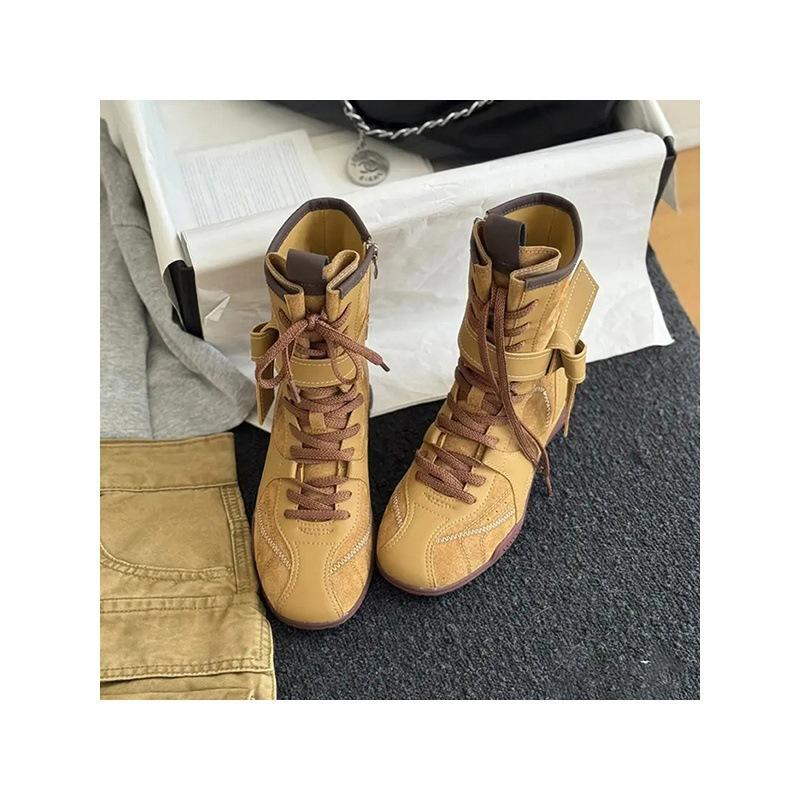 Vintage Versatile Frosted Leather Boxing Boots Women's Straps Side Zipper Outer Wear Mountaineering Dexun Martin Boots