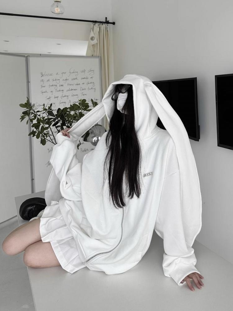 Белые кавайные толстовки на молнии с заячьими ушками, женские японские укороченные толстовки с длинными рукавами, женская одежда в консервативном стиле, осенняя одежда