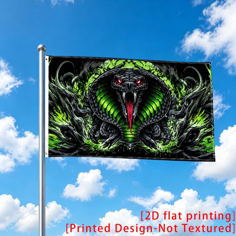 2D Flat, Single Large Flag Aggressive Black Green Cobra Snake Fierce Head Dark Gothic Art Design 2D Flat Print Festival Design, Single-Sided, Two Hang