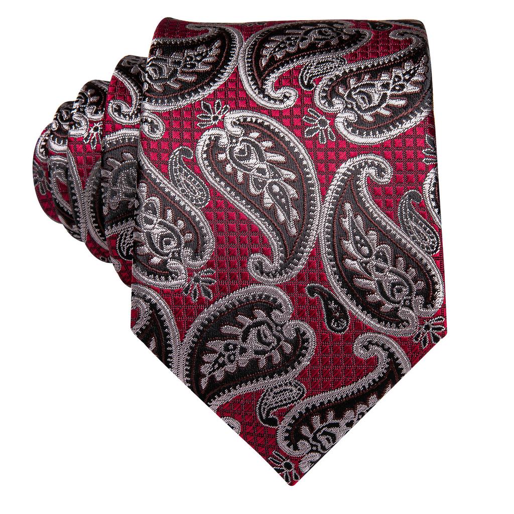 Hi-Tie Fashion Mens Wine-Red Paisley Necktie Hanky Cufflinks for Business Wedding