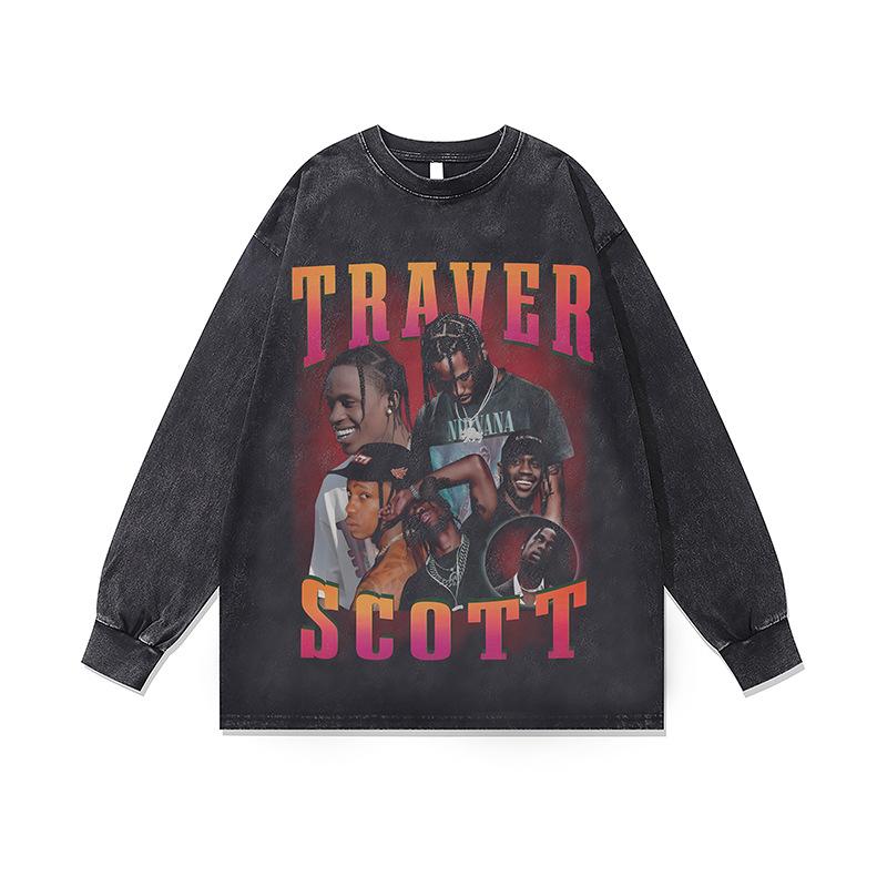 Хип-хоп Рэп Портрет Принт Винтажная Стирка Длинный Рукав Футболка Осень и Зима Свободная Хлопок Круглый Вырез Базовая Футболка Для Мужчин
