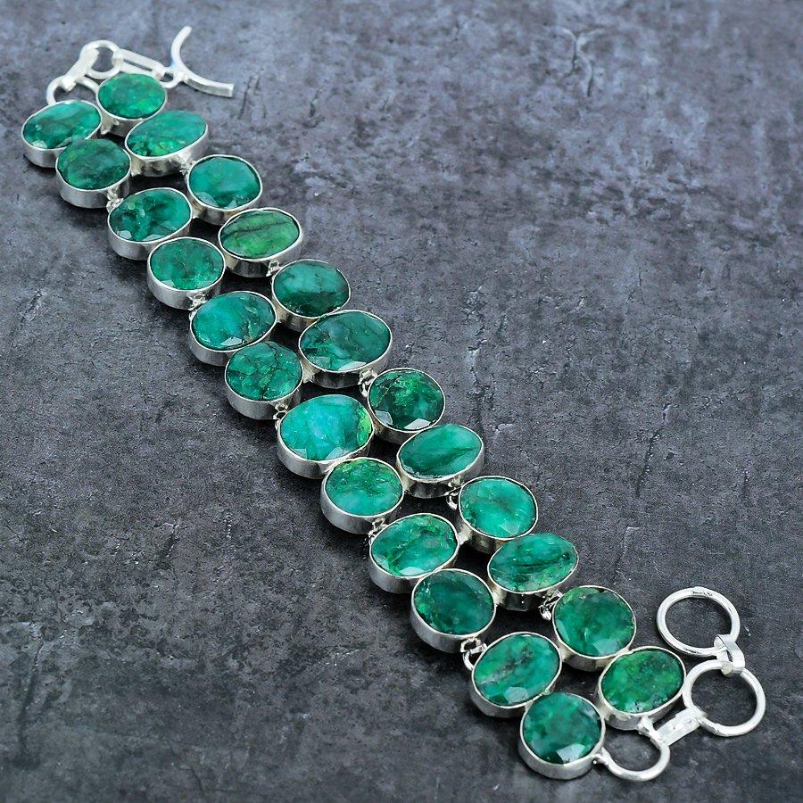 Emerald(Simulated) Ethnic 925 Sterling Silver Bracelet 7-8" F4D60