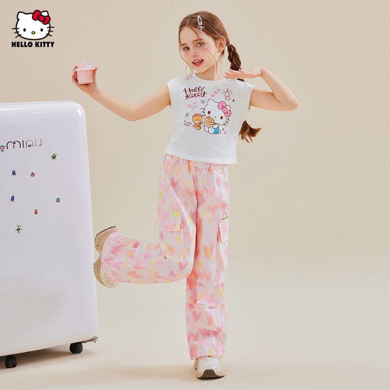 Летний костюм для девочек Hello Kitty 2025 Новый стиль Короткий рукав Широкие брюки Мультяшный комплект из двух предметов для детей старшего возраста