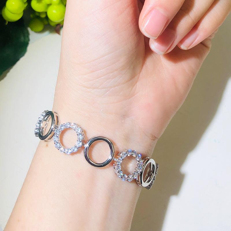 S0166 Браслет-кольцо с микроинкрустацией цирконами, Экологичная медь с гальваническим покрытием из настоящего белого золота, Ювелирное украшение для рук