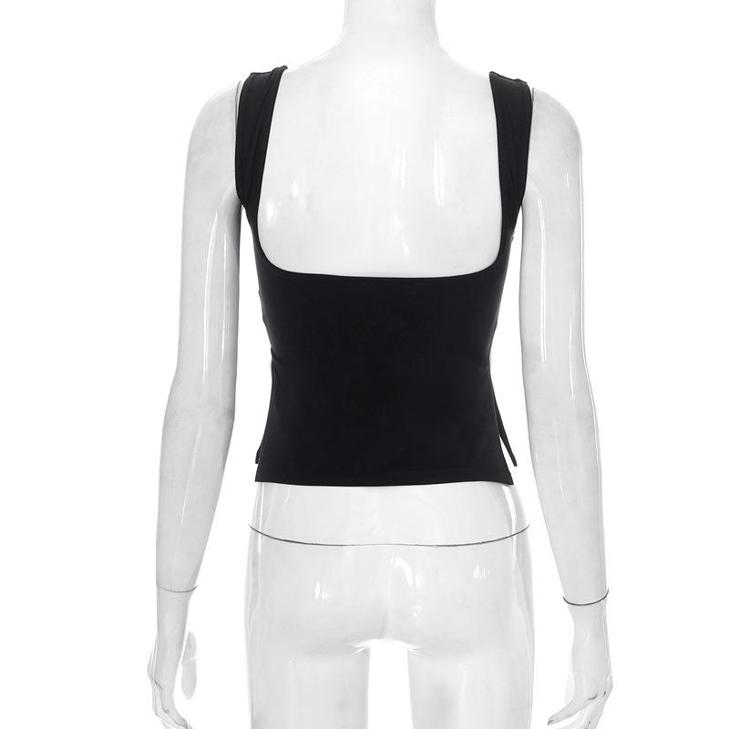 Y2K европейская и американская летняя однотонная футболка с квадратным вырезом и открытой спиной на бретельках для женщин