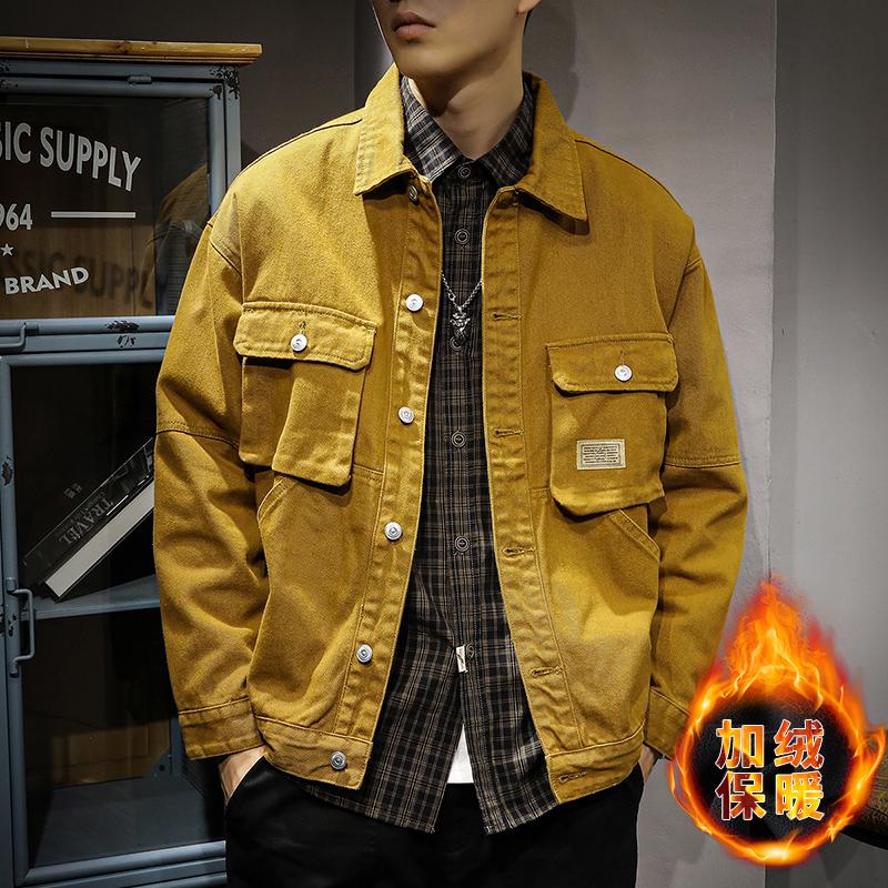 Vintage Trend Tooling Jacket Men'S Outdoor Casual Long Sleeve Shirt Loose Fleece Denim Jacket Tide
