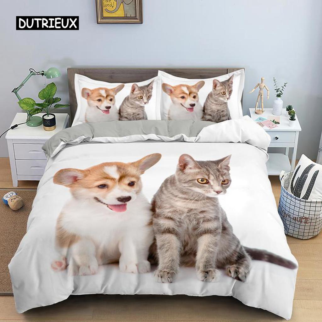 Пододеяльник и наволочки для кровати собаки и кошки Размер Queen Size Тема Животные Размер Twin Size Комплект постельного белья для сна для детей Мальчиков Девочек Уютная Микрофибра 3D Дизайн Щенок