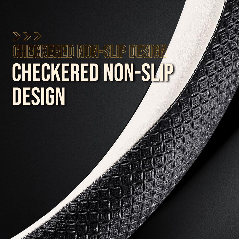 New Nappa Leather Car Steering Wheel Cover, Universal 15 Inch (White And Black)
