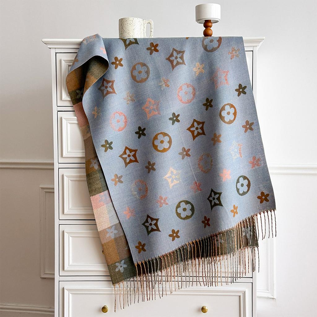 Women's vintage floral jacquard scarf—a large, faux-cashmere wrap featuring contrasting-color tassels, suitable for layering.