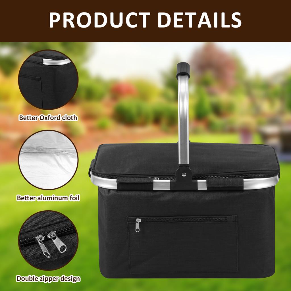 Picnic Basket Portable Folding Insulated Bag with Padded Handle and Lid Handheld Waterproof Shopping Basket for Travel Picnic