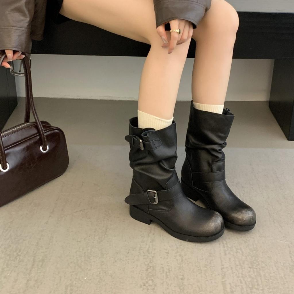 2025 осень и зима круглый носок ботинки Мартин женские Spice Girls средняя голень пряжка ремня ретро Майяр ковбойские ботинки короткие ботинки женские