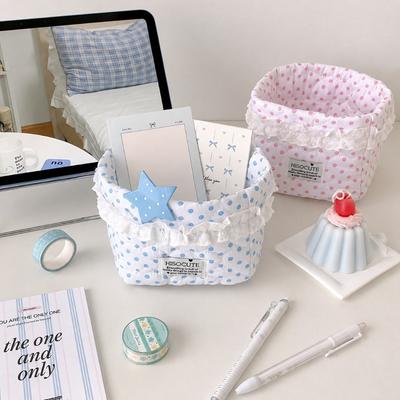 Large Capacity Quilted Storage Basket Lace Ruffle Trim Desktop Organizer Box
