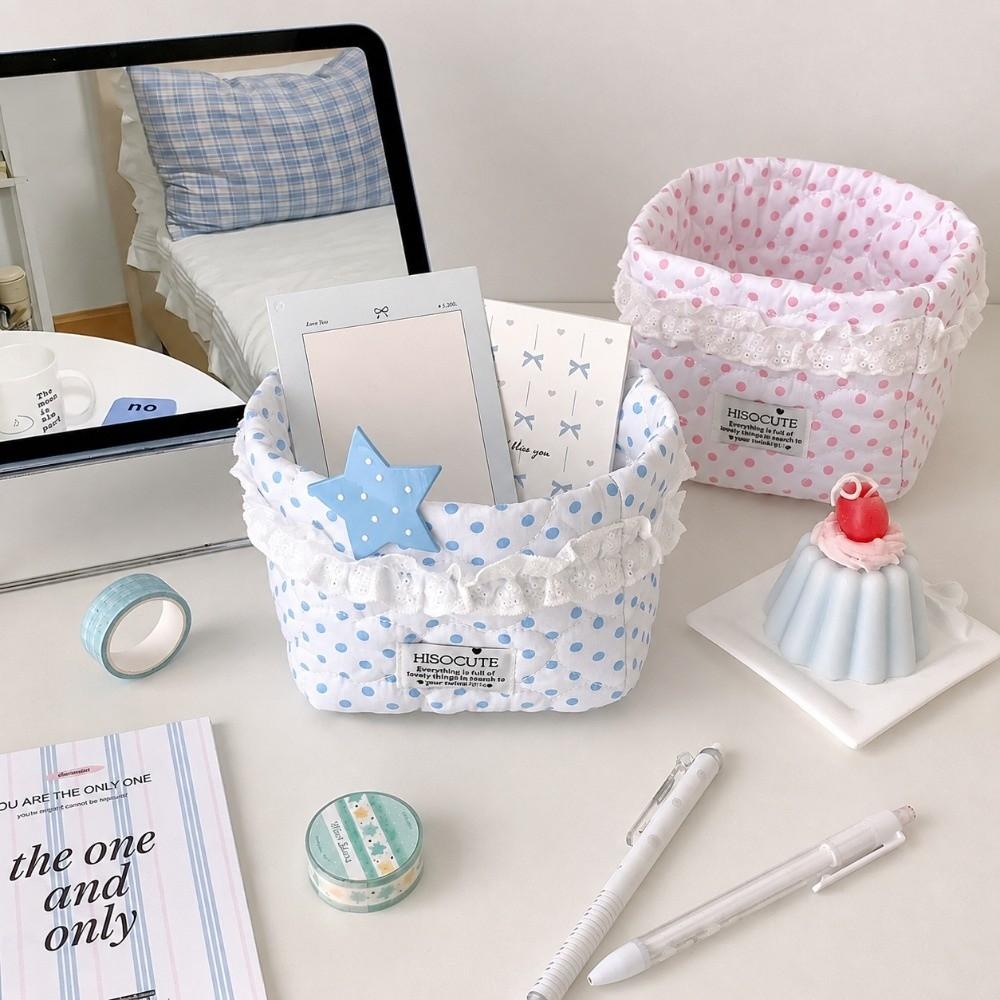 Polka Dot Pattern Quilted Storage Basket Lace Ruffle Trim Makeup Organizer Container