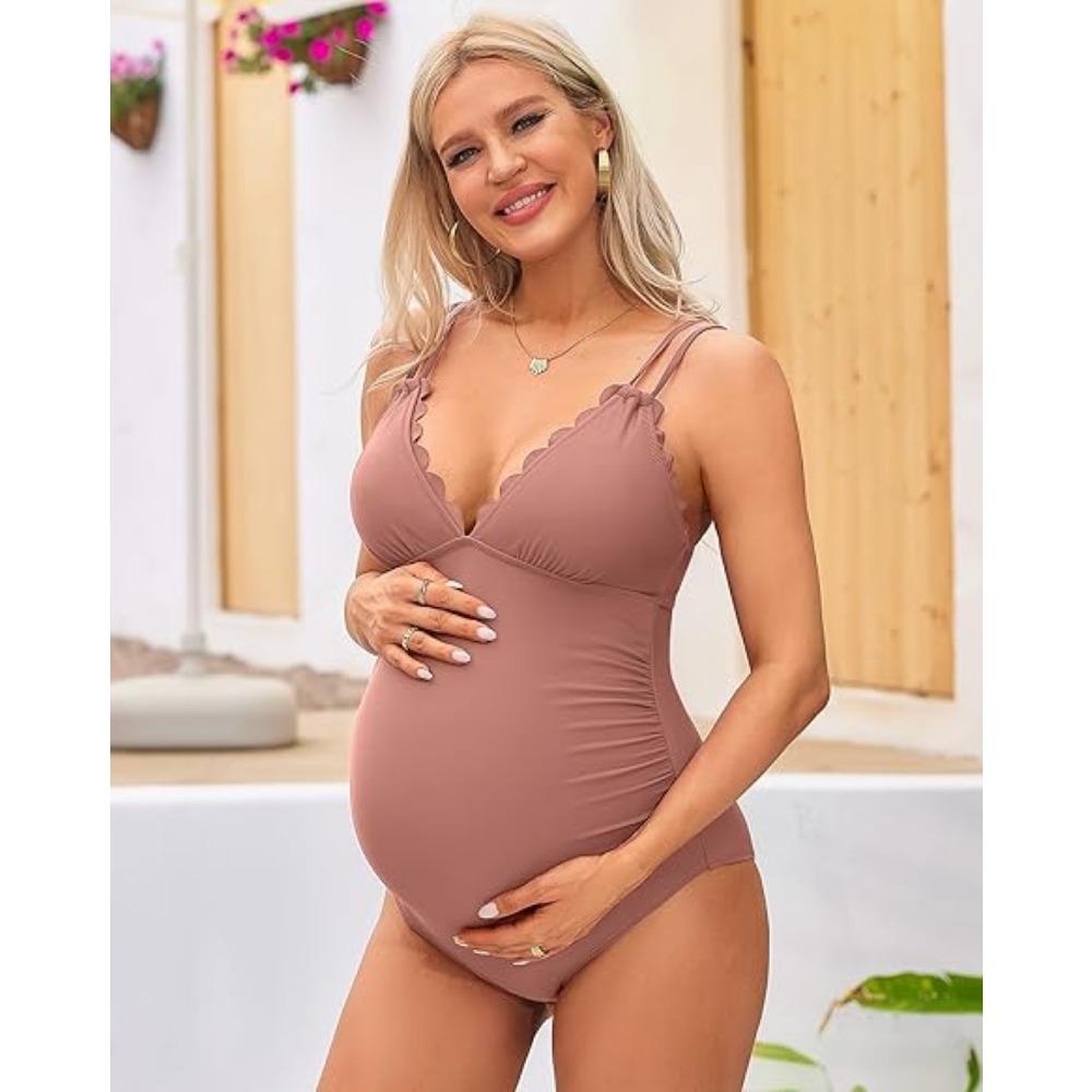 CHARMLEAKS Scallop Trim Maternity Swimsuit One Piece V Neck Pregnancy Bathing Suit Ruched Swimwear Cutout Tie Back