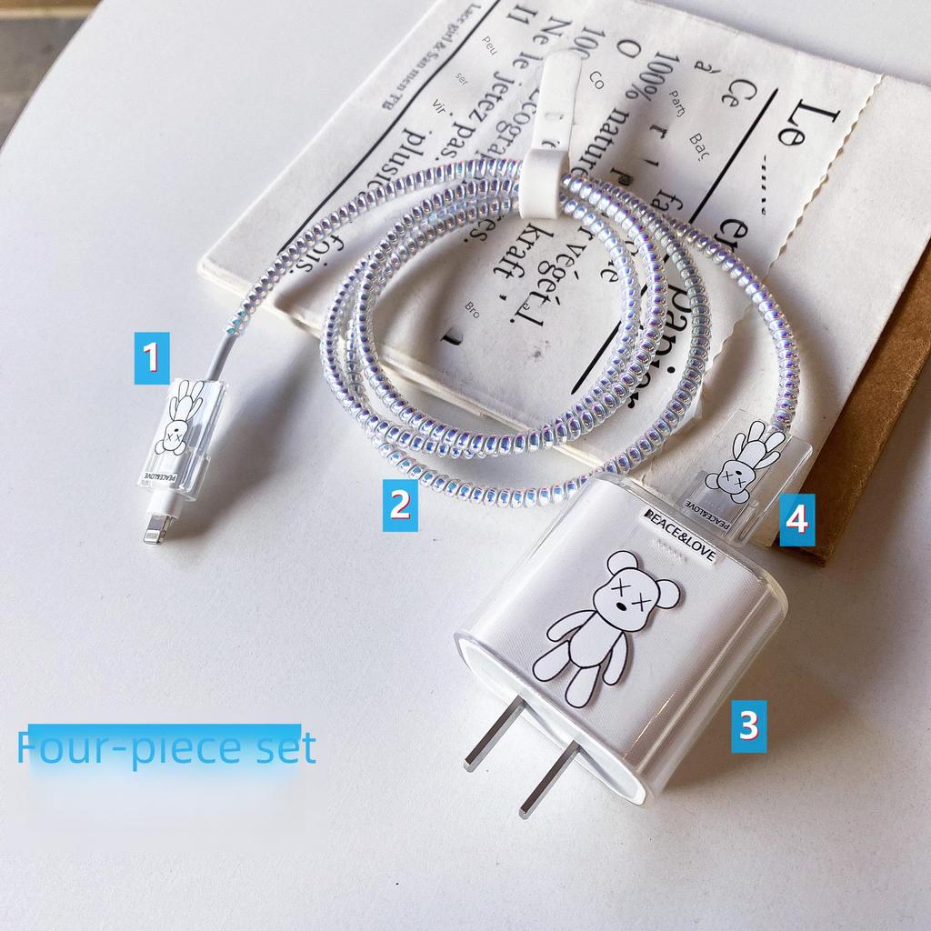 Комплект защиты кабеля данных Apple: Зарядная головка 20 Вт, прозрачный мультяшный дизайн, набор из 4 предметов