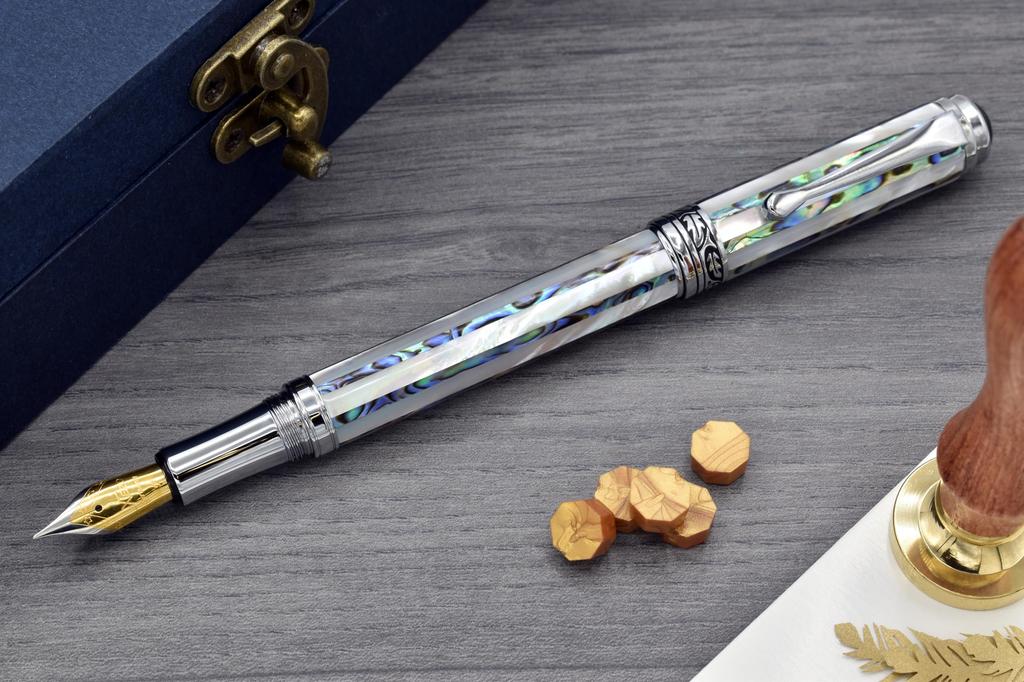 Xezo Maestro Jubilee Fountain Fine Nib Oceanic White and Paua Limited To 223 Each Pen, (0.35mm Line). Mother-of-Pearl Abalone. Pieces. Handmade,