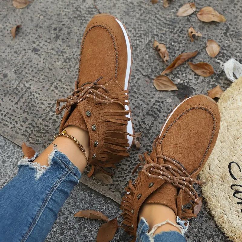 2024 Hot Selling Versatile Women's Boots Tassel Style Retro Boots Fashion Women's Shoes Thick Sole Ankle Boots Suede