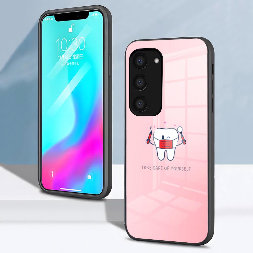 Милый чехол для телефона с зубом стоматолога для Samsung S26 S25 S24 FE S23 S22 S21 Plus S20 Ultra Note20Ultra Черная стеклянная крышка