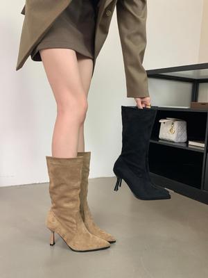 Универсальные короткие ворсовые сапоги на тонком каблуке, высокие каблуки, ковбойские сапоги в стиле вестерн, короткие сапоги, женские абрикосовые узкие сапоги средней высоты