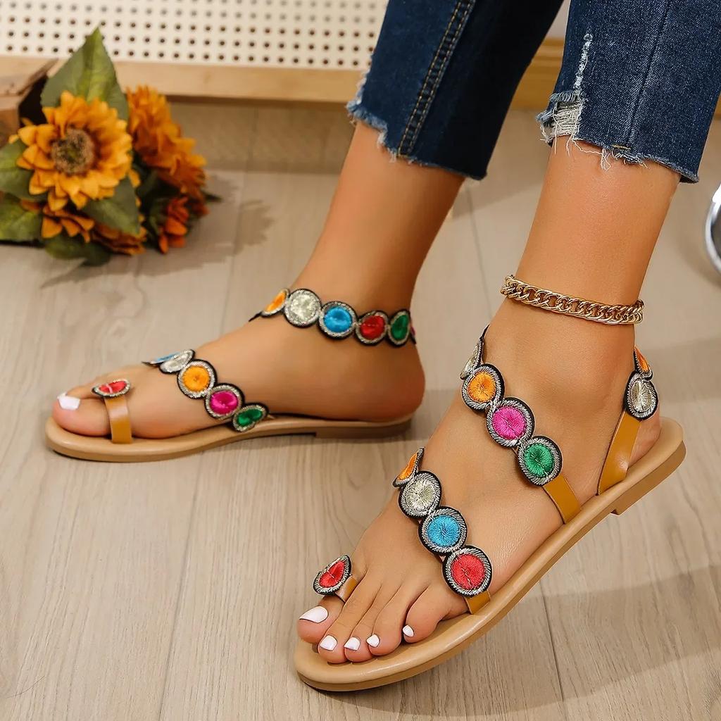 Fashion Yellow Embroidered Faux Flower Fashion Sandals Peacock Flat Plus Size 43 Summer Outdoor Beach Shoes Travel Mom Shoes