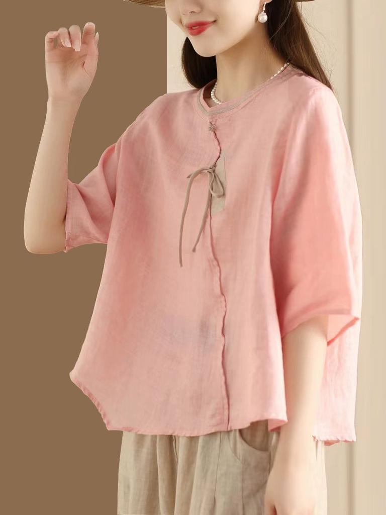 Johnature Women Vintage Shirts Tops Stand Half Sleeve Blouses Summer Button Chinese Style Loose Shirts