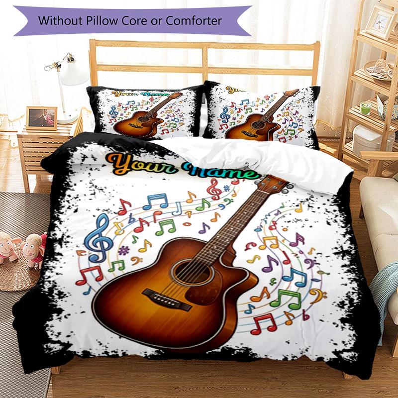 3PC Custom Name Music Notes Guitar bedding,soft and breathable,2D flat print,room decor.,Poster Three-piece set,Soccer Three-piece set,Art,Poster,Socc