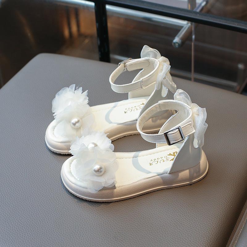 Сандалии для девочек в платье принцессы, шикарные детские летние сандалии с жемчугом, новые элегантные детские повседневные римские сандалии с цветочным принтом и высоким берцем