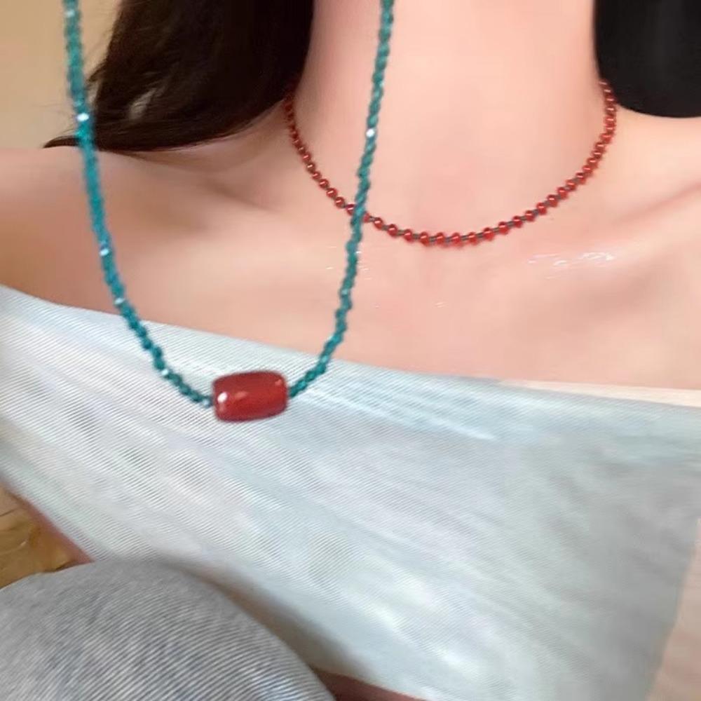 Zinc Alloy Neck Chain Red Blue Contrast Beads Strand Chokers Aesthetic Jewelry