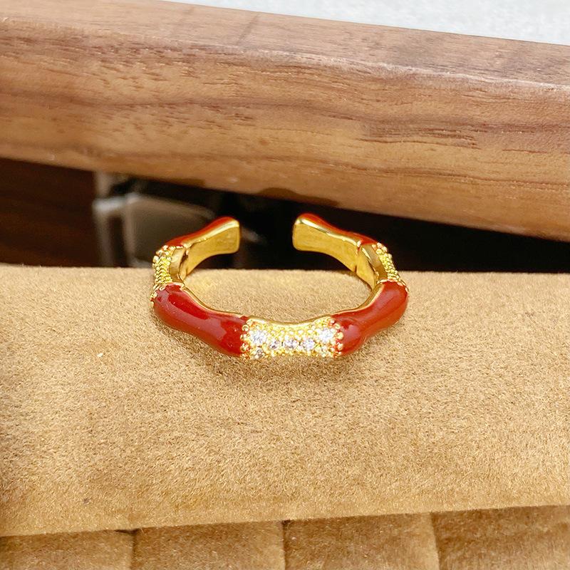 Medieval Vintage Country Tide Wind Bamboo Series Open Ring Stacked With Zircon High-End Sense Niche Index Finger Ring Woman