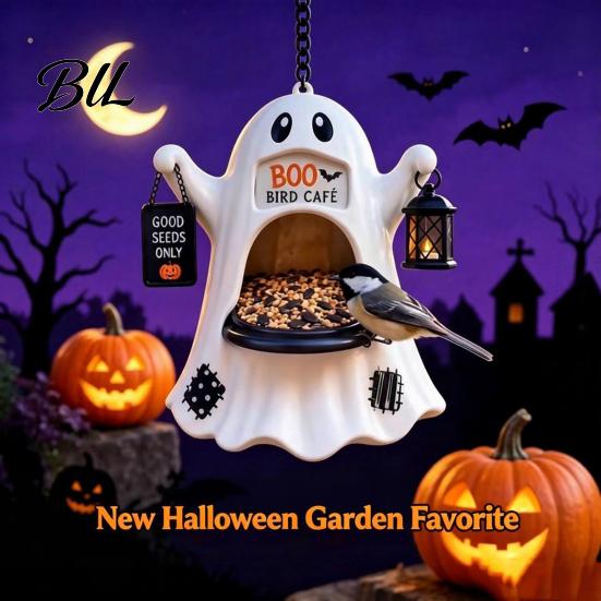 Funny Ghost Decoration Halloween Bird Feeder, Outdoor Hanging Big Mouth Wild Feeding Durable Resin Feeder Station, Spooky Statue for Outside