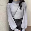 Women Autumn Mock Neck Knitted Sweater Lantern Long Sleeve Solid Elegant Pullovers Korean Loose Casual Tops Office Lady Jumpers