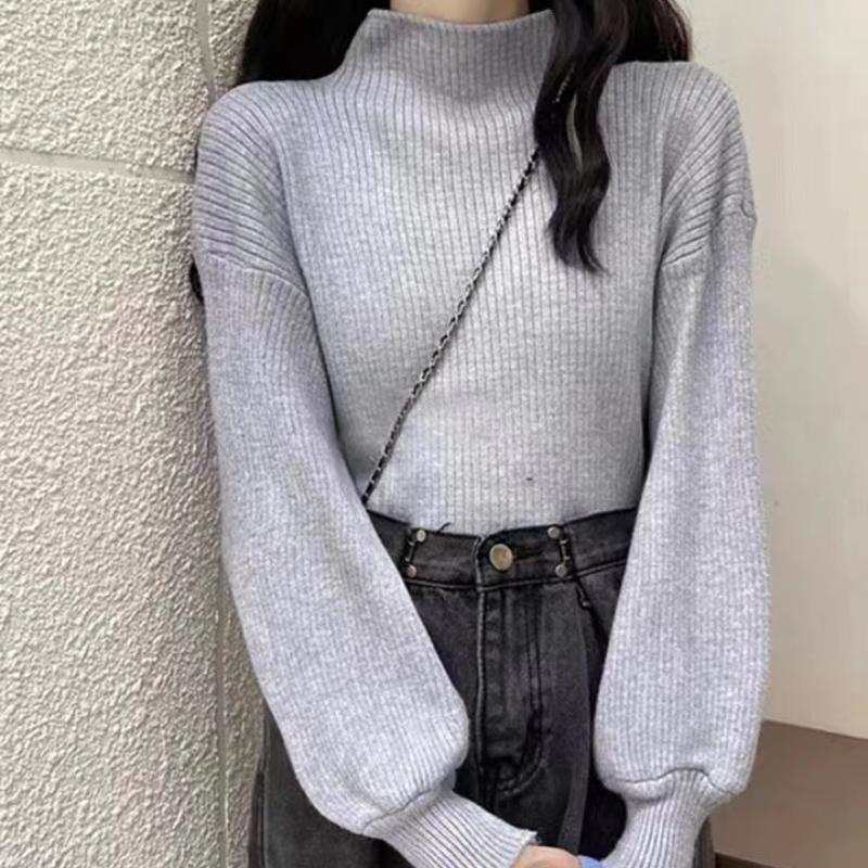 Women Autumn Mock Neck Knitted Sweater Lantern Long Sleeve Solid Elegant Pullovers Korean Loose Casual Tops Office Lady Jumpers