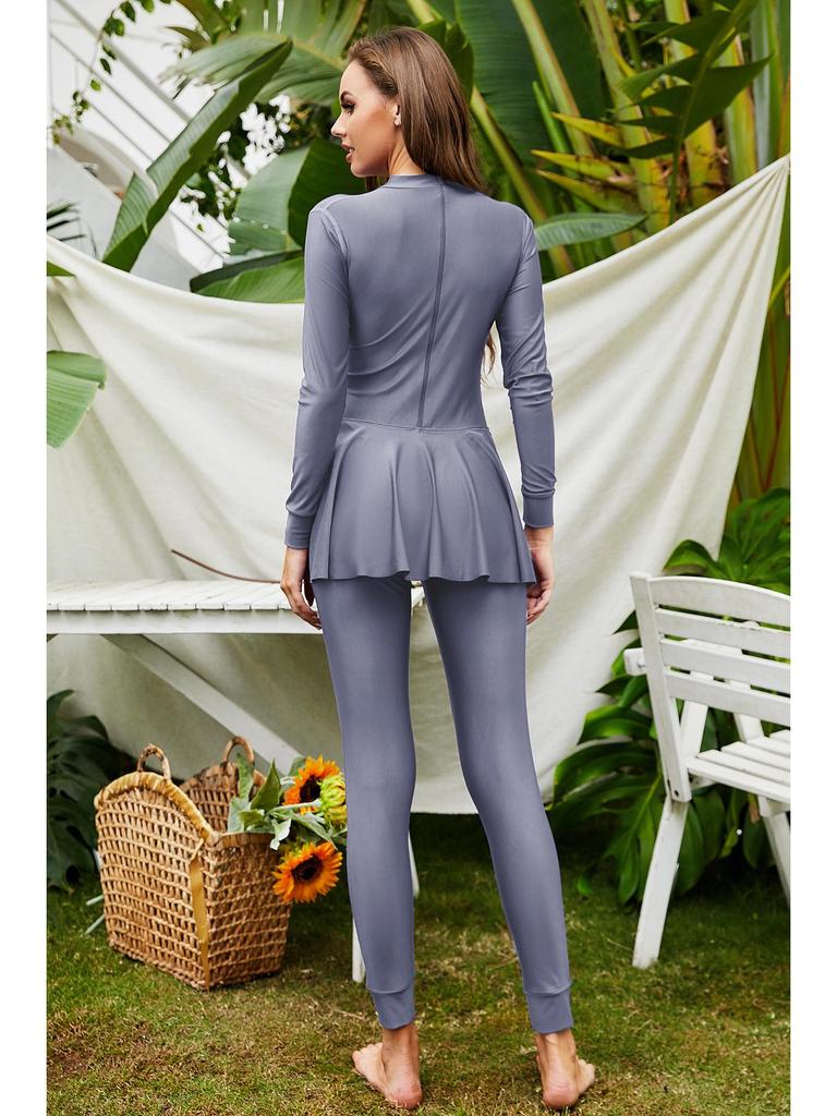 Solid Color Full Coverage Long Sleeve Surfer Sunsuit - Conservative One-Piece Arabic Swimsuit