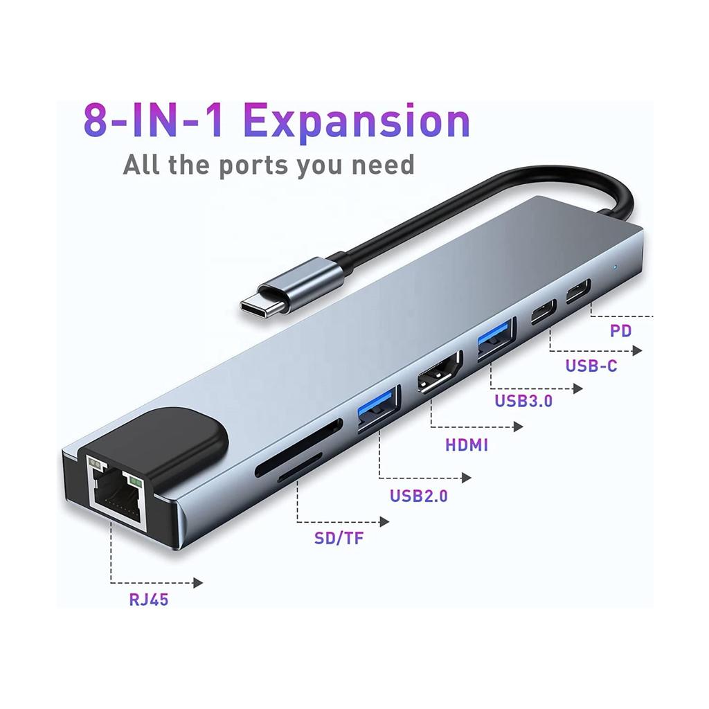 8 in 1 USB C To RJ45 Ethernet Multiports Hub with 4K HDMI,TF / SD Card Reader, USB-C, PD Charging, 2 USB-A for MacBook and More