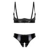 Womens Glossy Patent Leather Underwire Bra Set Adjustable Strap Lingerie with Open Crotch Briefs