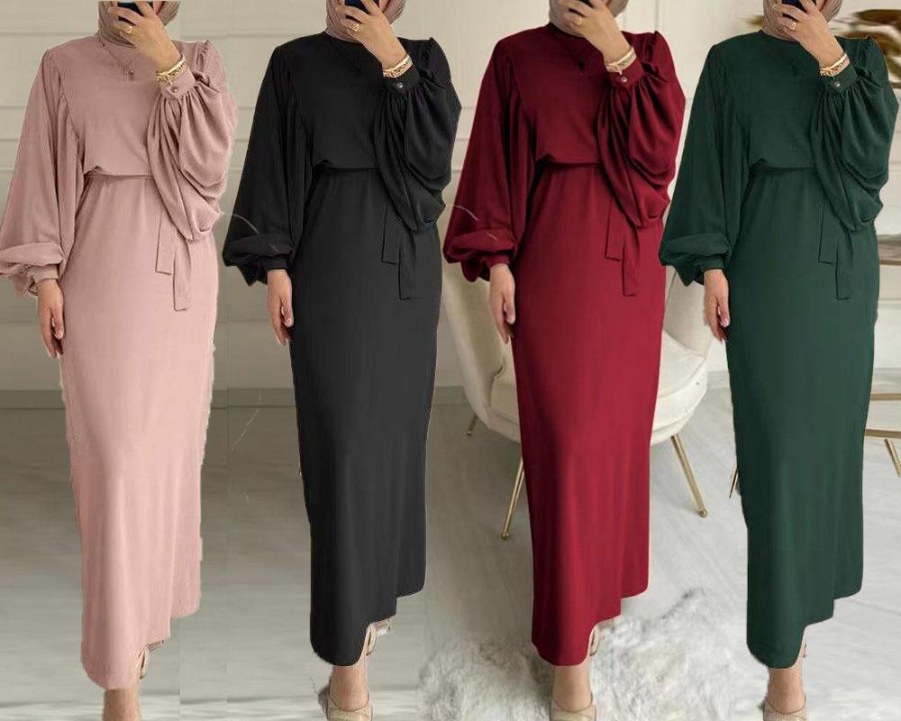 Southeast Asian Fashion Lantern Sleeves Waist Hip Crewneck Long Sleeve Women's Dress Plus Size