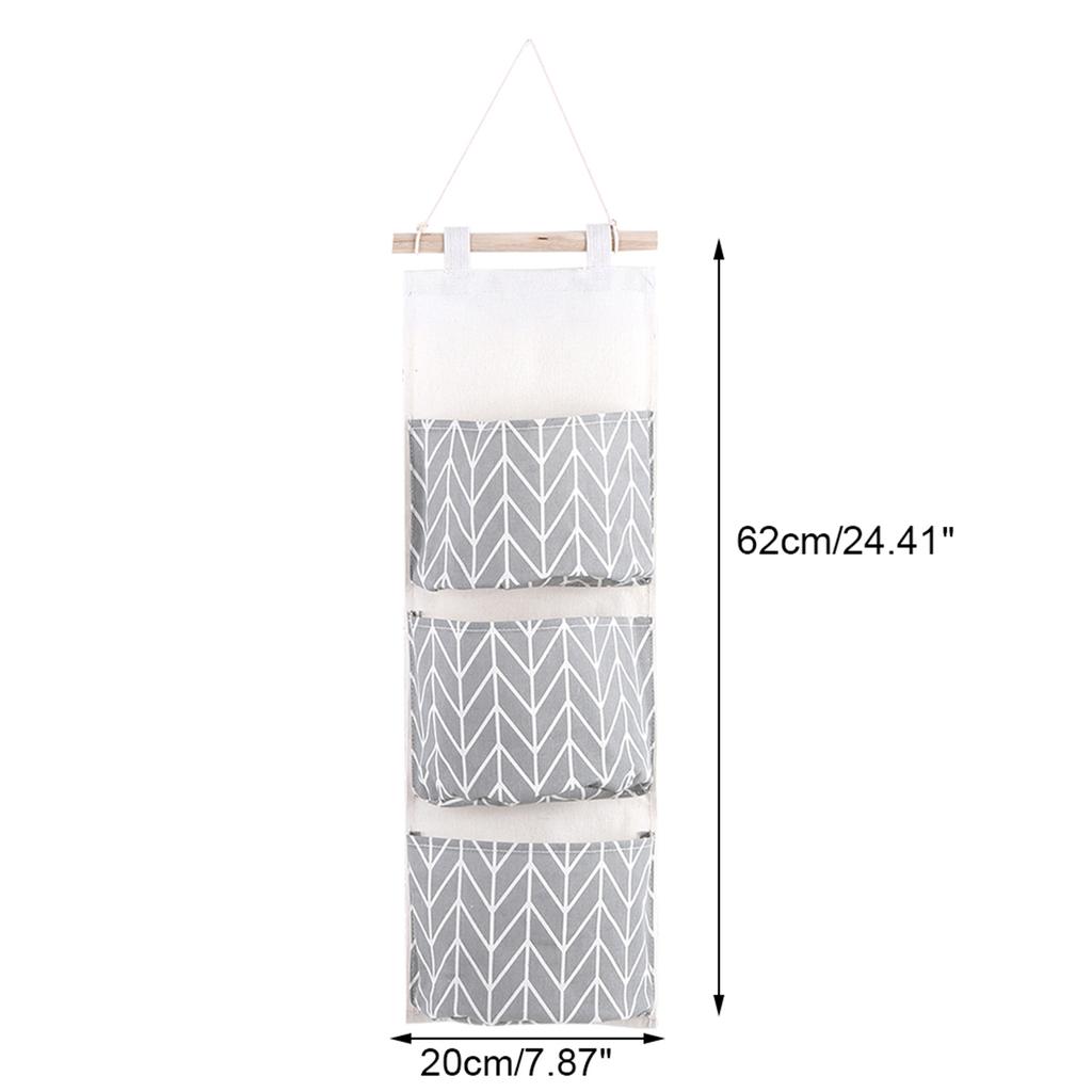 3 Pockets Cotton Linen Wall Hanging Storage Bag Door Pouch Bedroom Home Office Organizer Gray