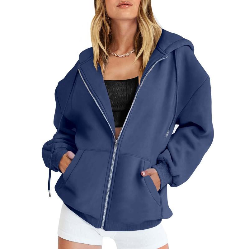 Womens Zip-Up Hooded Sweatshirt Jacket Solid Color Thick Casual Sportswear