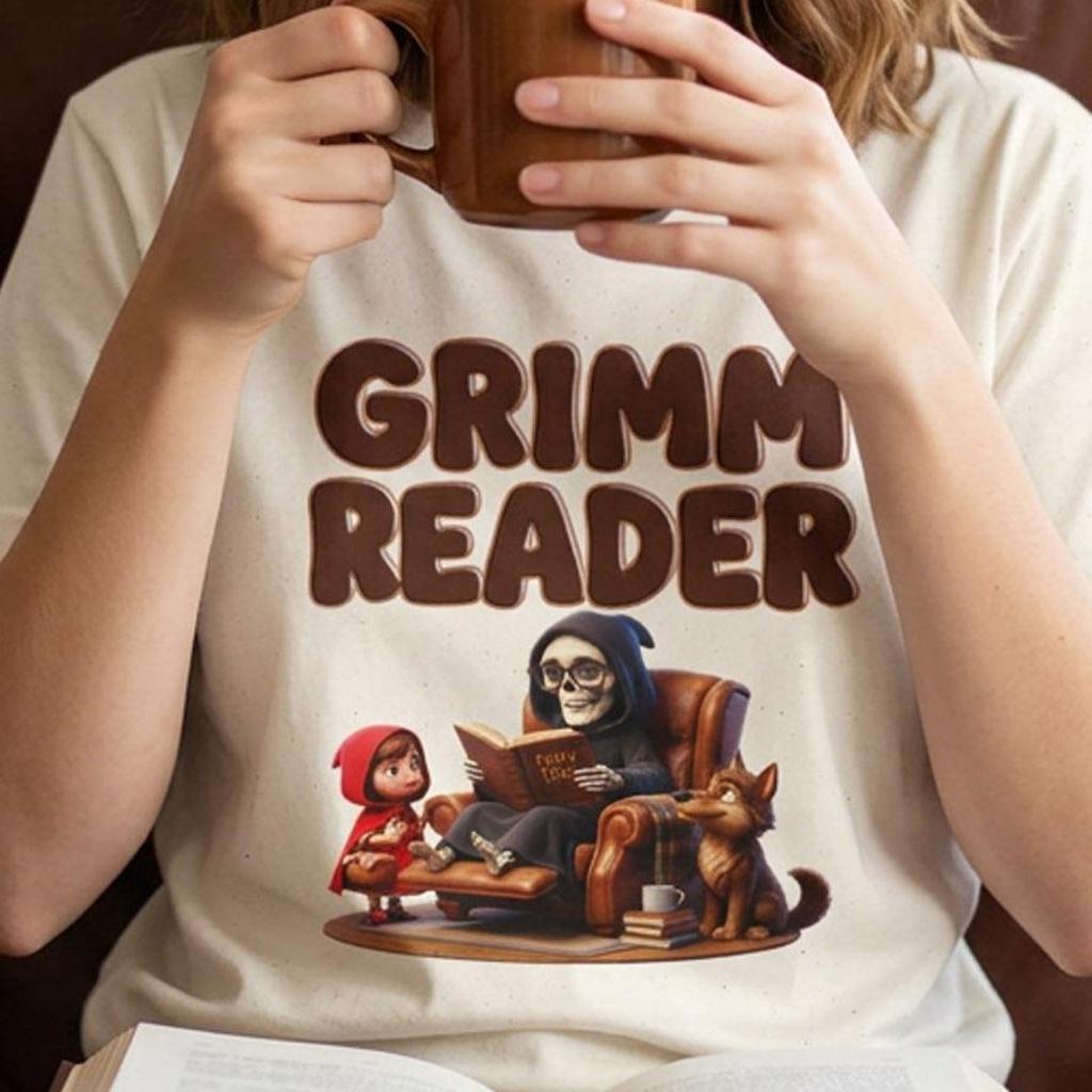 Grimm Reader tee | T-Shirt, Grim Reaper reading fairy tale illustration
