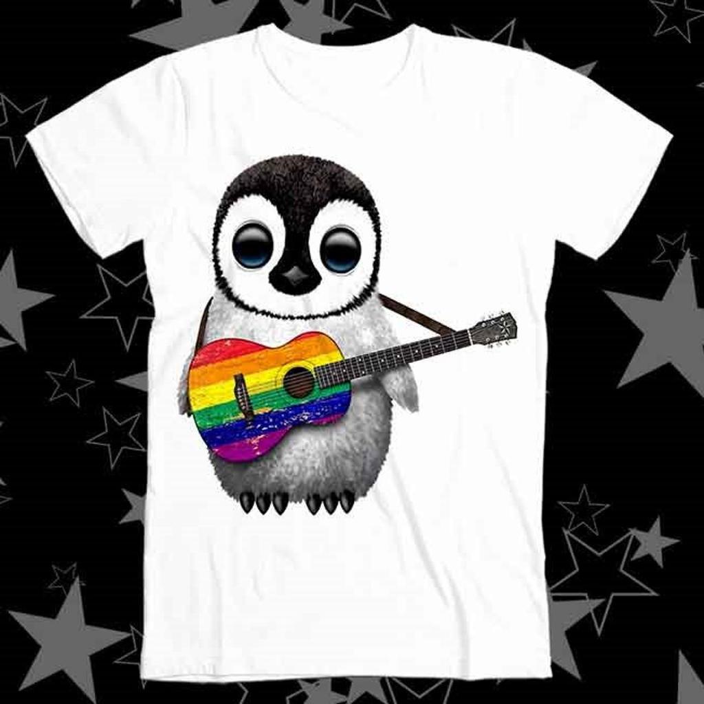 Baby Penguin Playing Guitar Gay Pride LGBT Rainbow Best Seller Top Tee T Shirt 191