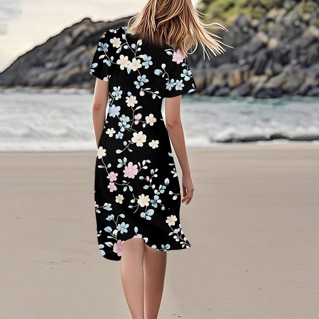 Women's Casual Fashion Flower Print Dress V Neck Short Sleeve Short Skirt
