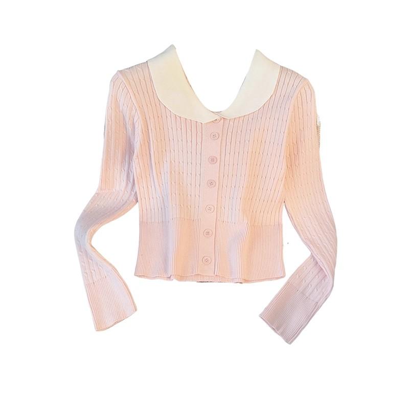 Sweet and Youthful Color-blocking Doll Neck Long-sleeved Knitted Sweater for Women, A Stylish Single-breasted Loose Short Top for Autumn