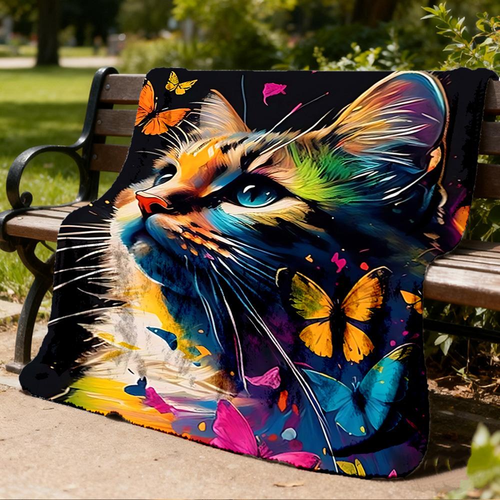1pc Colorful Cat Art Print Outdoor Blanket, Lightweight Polyester,