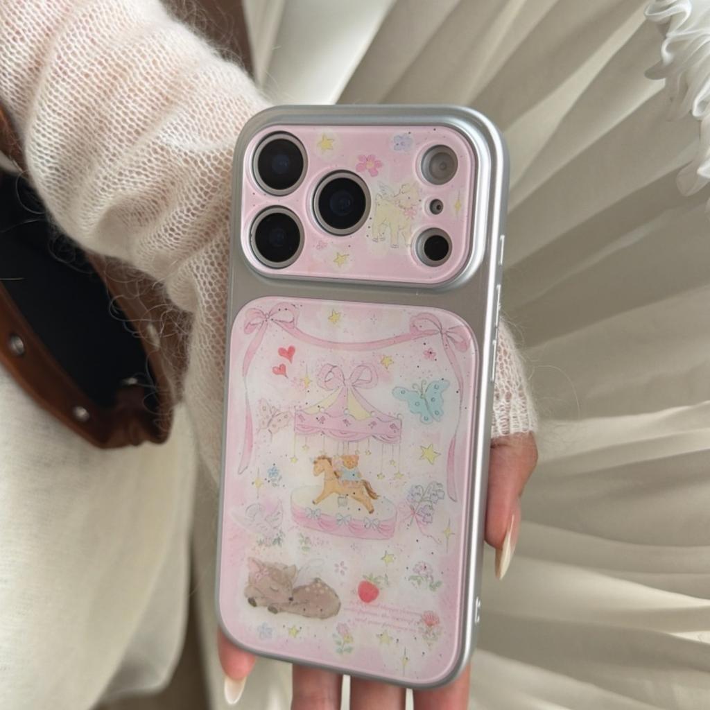 Корейский Милый Розовый Карусель Олень Бант Чехол для iPhone 17 Pro 16 Pro Max 14 15 Противоударный Защитный Чехол