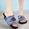 Fashion Women Retro Denim Slippers Summer Fashion Rhinestone Tassels Lightweight Anti Slip Flat Bottom Beach Sandal Outdoor Casual Shoes