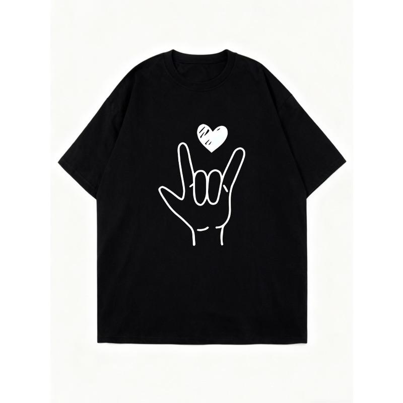 Oversized T Shirt Black Love Sign Hand Gesture Print Casual Streetwear Fashion For Women Summer Outfit