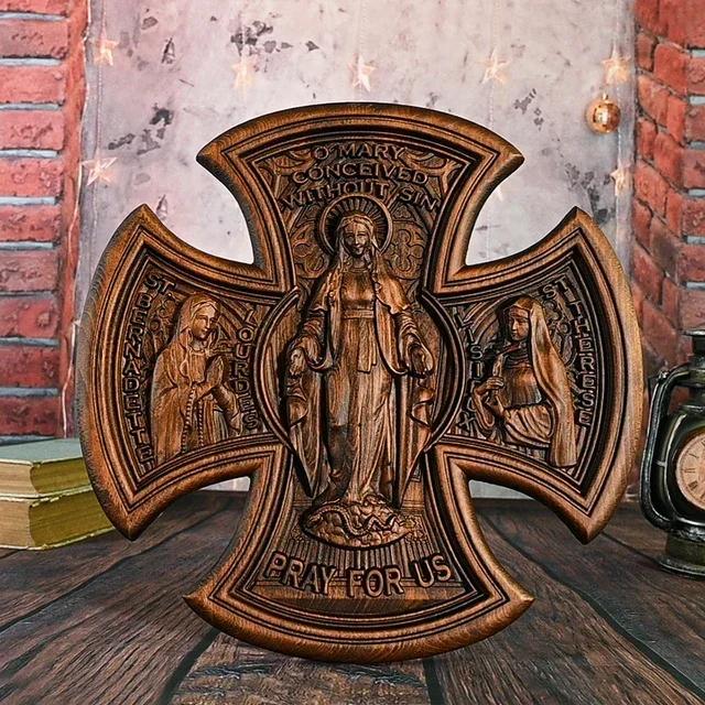 Christ Wooden Cross Catholic Trinity Jesus and Mary Home Wall Hanging Statue