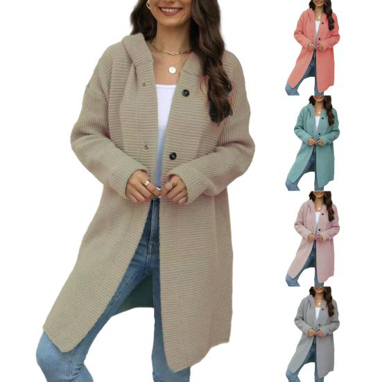 Женский осенне-зимний кардиган с капюшоном и длинными рукавами, пальто свободного кроя, однобортный однобортный свитер средней длины, верхняя одежда