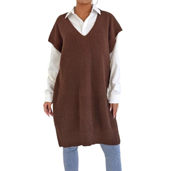 Женский свитер-жилет с V-образным вырезом, без рукавов, однотонный, вязаный, свободного кроя, с боковыми разрезами, повседневный свитер-жилет