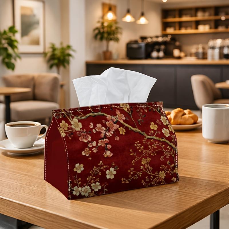 1pc Chinoiserie Oriental Cherry Blossom Tissue Box with Red Golden Floral Branch Spring- Napkin Storage Organizer for Kitchen, Car, Elegant Decorative